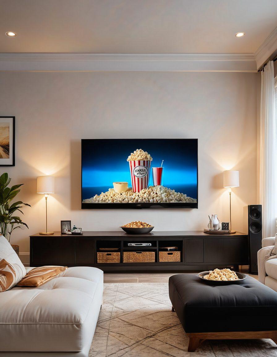 A vibrant and enticing scene depicting a plush home theater setting with a modern, sleek TV displaying high-definition, sensual imagery. Surround the TV with cozy, ambient lighting and tasteful decor to create an intimate and inviting atmosphere. Add playful elements like popcorn and cushions that evoke a relaxed and enjoyable experience. super-realistic. vibrant colors. white background.
